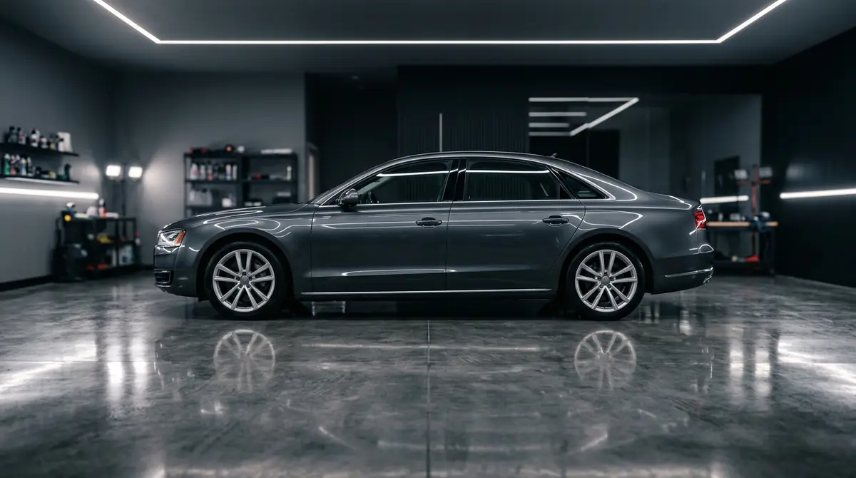 Freshly detailed grey luxury sedan with mirror-gloss paint parked inside a modern detailing studio with polished concrete floors