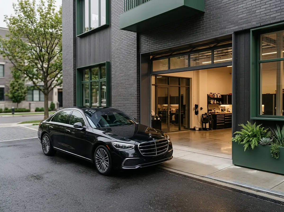 Luxury sedan parked outside a clean premium auto detailing shop entrance for drop-off