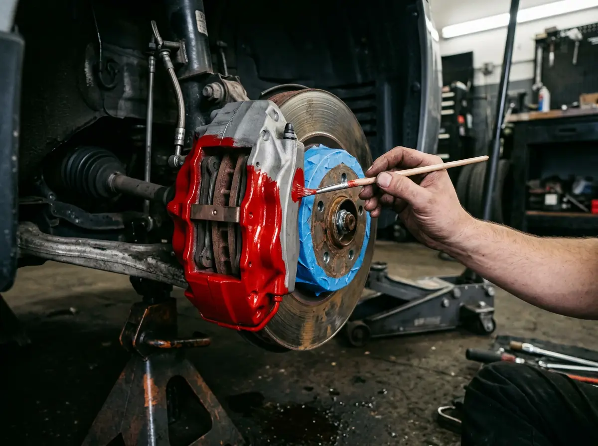 Small detail brush applying fresh red caliper paint to an exposed brake caliper with the wheel removed and rotor masked off
