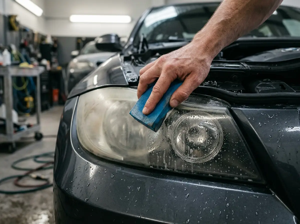 Detailer wet-sanding a hazy oxidized headlight lens with a foam sanding block during headlight restoration