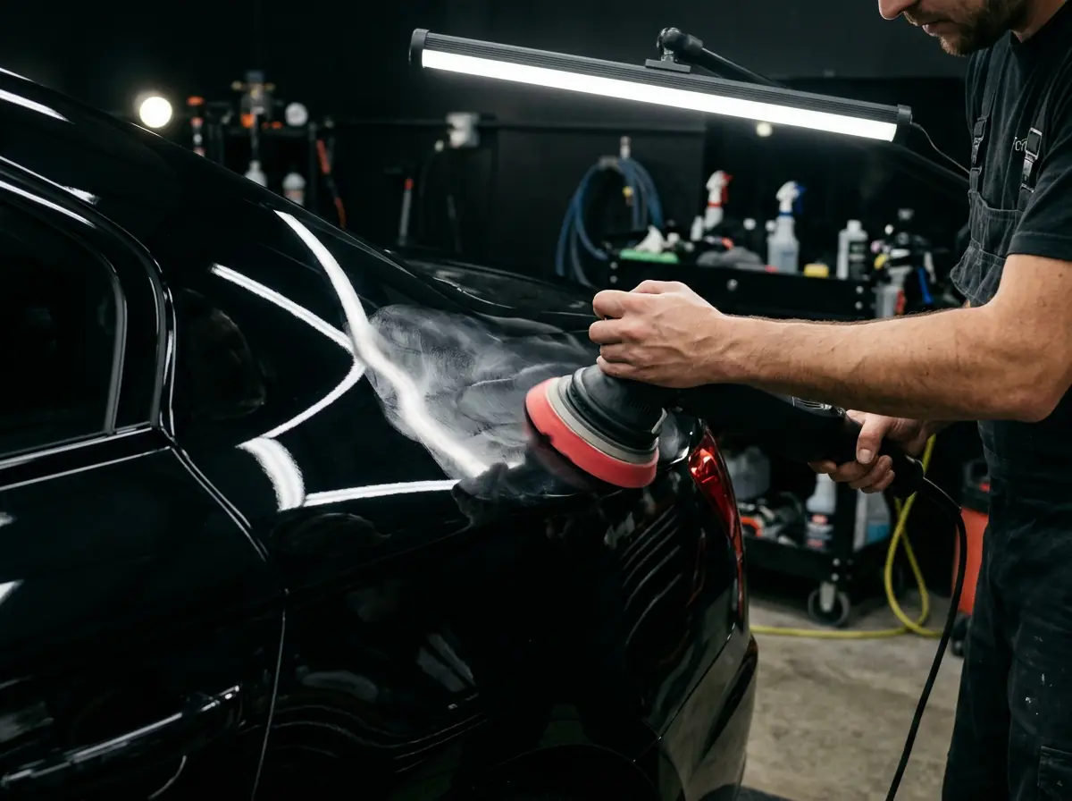 Dual-action orbital polisher held with both hands correcting the glossy black rear quarter panel of a car under an LED inspection light